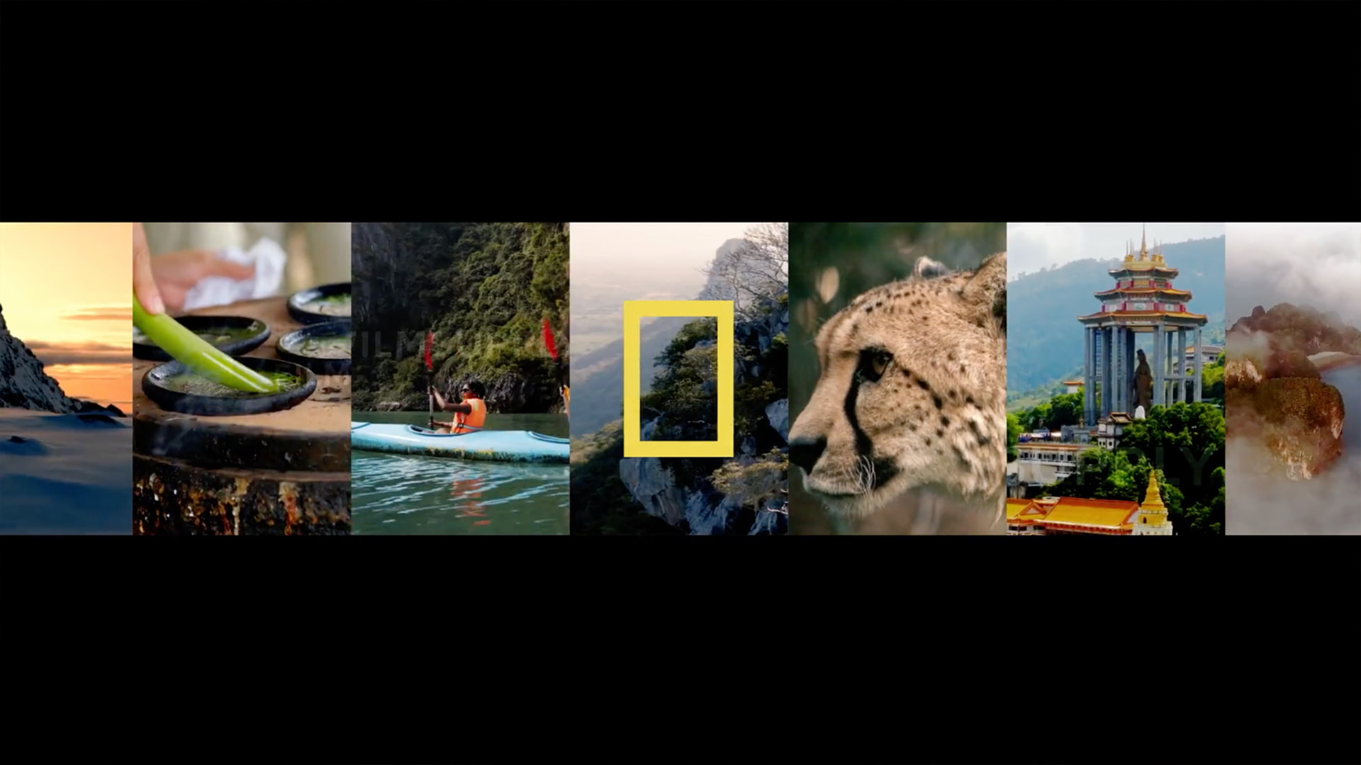 National Geographic brand rebrand still — a collage of expedition, wildlife and landscape imagery anchored by the National Geographic yellow frame