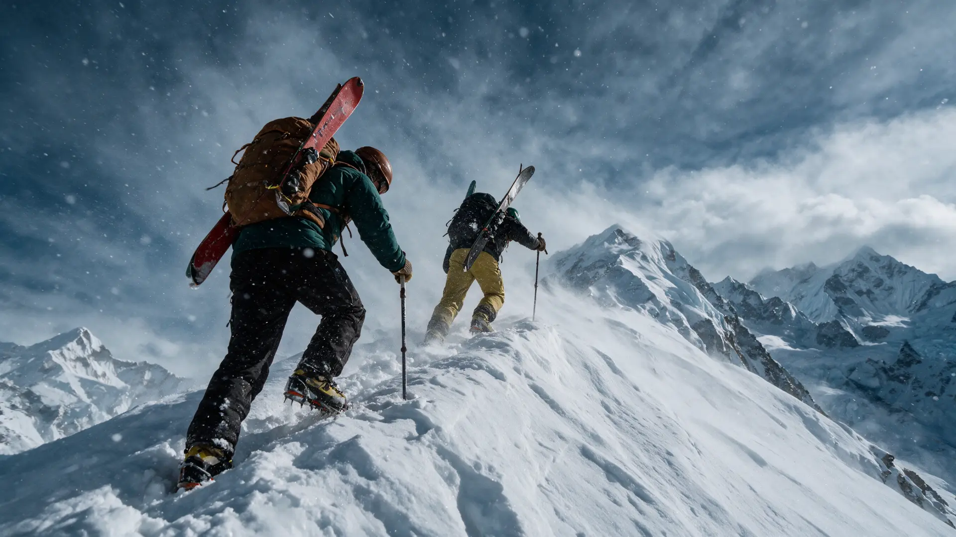 Two mountaineers carrying skis and poles climb a narrow, snowy ridge toward a mountain peak during a snowstorm